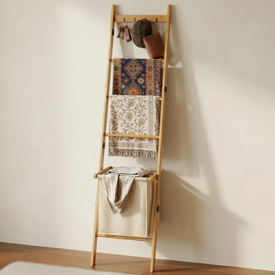 Bamboo Blanket Ladder with Basket, 5-Tier Quilt Rack Stand with 4 Hooks and Storage Hamper for Living Room Bathroom, Wall Leani
Bamboo Blanket Ladder with Basket, 5-Tier Quilt Rack Stand with 4 Hooks and Storage Hamper for Living Room Bathroom, Wall Leani
