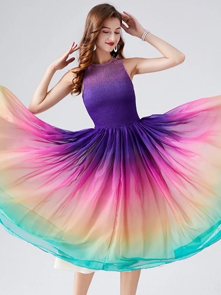 Women Sexy Vintage Elegant Gradient Color Dress Summer Rainbow Flowing Tiansi Rubber Band High Waist Slim Pleat A-line Robe
Women Sexy Vintage Elegant Gradient Color Dress Summer Rainbow Flowing Tiansi Rubber Band High Waist Slim Pleat A-line Robe