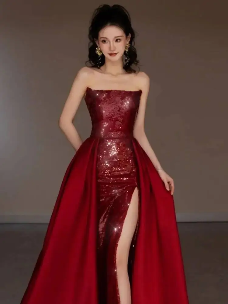 feeling, Toasting gown, bride's high-end strapless wedding gown, red sequin dress, host's high-end banquet, trailing long skirt
feeling, Toasting gown, bride's high-end strapless wedding gown, red sequin dress, host's high-end banquet, trailing long skirt