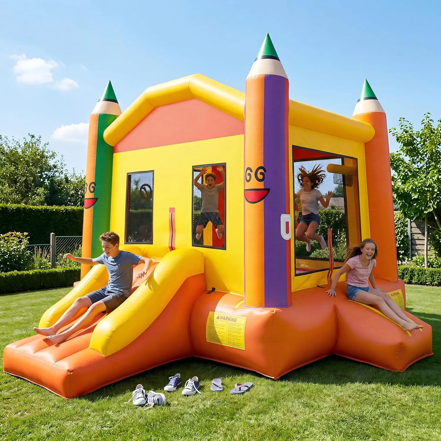 Super-Durable Oversized Inflatable Bouncy Castle with Slide, Spacious Jump Area, 174" L x 174" W x 144.9" H, Outdoor Trampoline House Including Air Pump for Kids' Party Fun
Super-Durable Oversized Inflatable Bouncy Castle with Slide, Spacious Jump Area, 174" L x 174" W x 144.9" H, Outdoor Trampoline House Including Air Pump for Kids' Party Fun