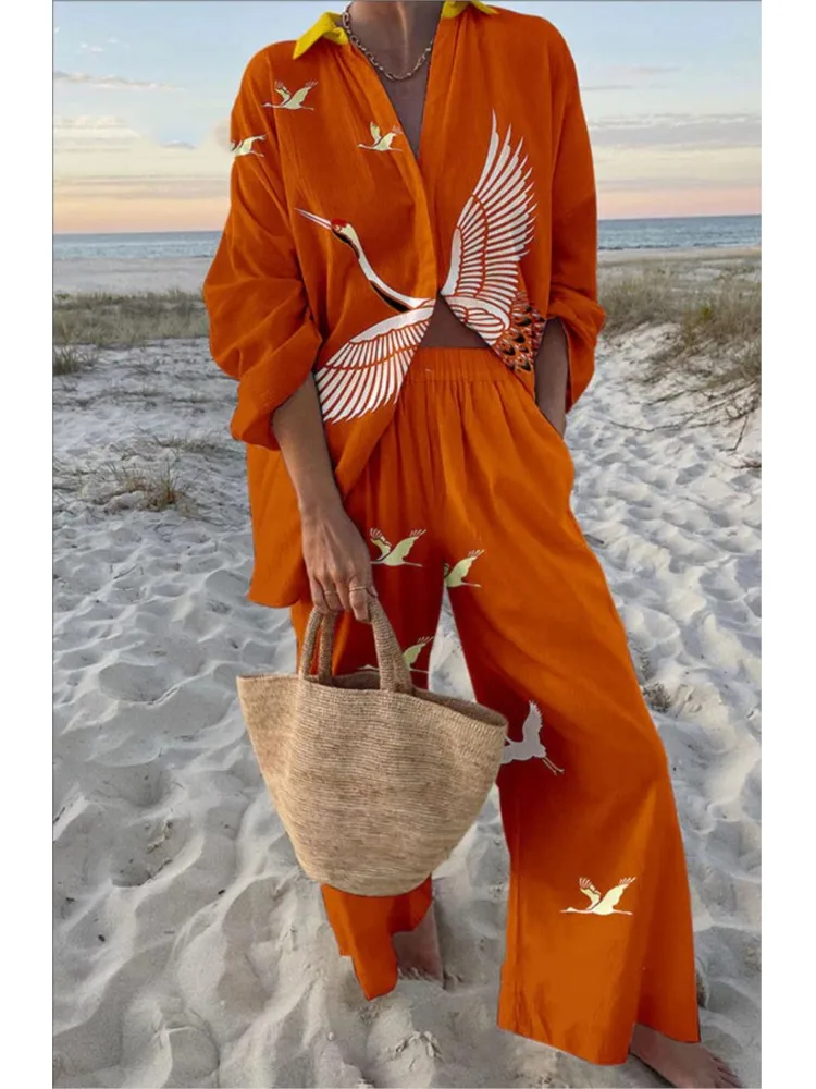 Spring New Women's 2-Piece Set Beach Suit Casual Fashion Long Sleeve Lapel Shirt Elastic Waist Wide Leg Pants Female Clothing
Spring New Women's 2-Piece Set Beach Suit Casual Fashion Long Sleeve Lapel Shirt Elastic Waist Wide Leg Pants Female Clothing