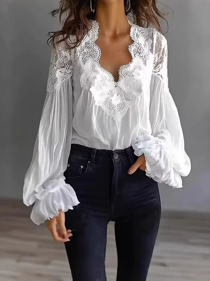 Elegant Women's Lace Bubble Sleeve Pleated Shirt Long Sleeve V-Neck Straight Cut Polka Dot Print Casual Fashion Spring 2026
Elegant Women's Lace Bubble Sleeve Pleated Shirt Long Sleeve V-Neck Straight Cut Polka Dot Print Casual Fashion Spring 2026