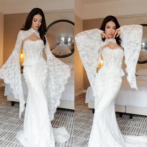 Lace Beaded Wedding Jacket Sequined Bridal Wrap Bolero Top Long Sleeve Weddng Coat Customized