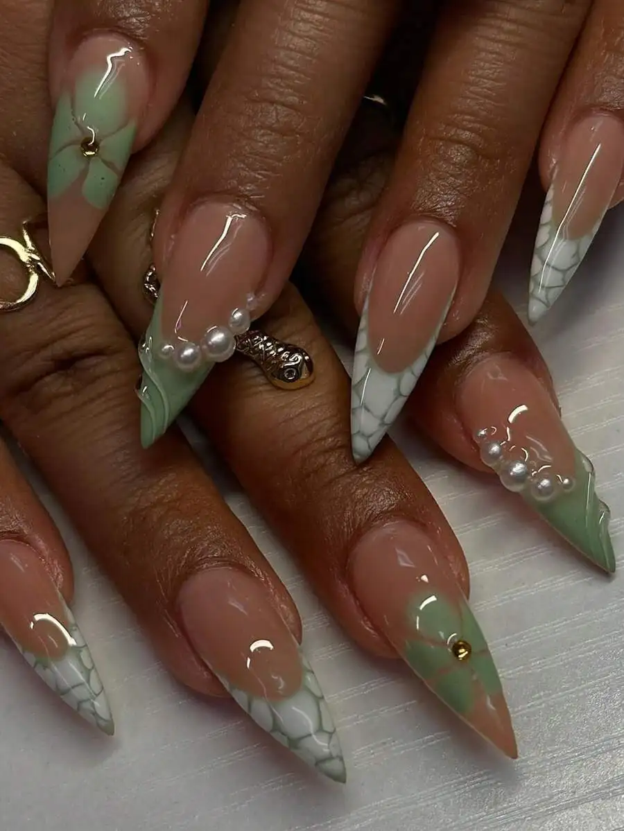 Handmade Nail Art: Flower Gel, Crocodile Skin Green French Stiletto Nails, 3D Wave Pearl Press-On Nails, 3D Flower Nail Art Set,
Handmade Nail Art: Flower Gel, Crocodile Skin Green French Stiletto Nails, 3D Wave Pearl Press-On Nails, 3D Flower Nail Art Set,