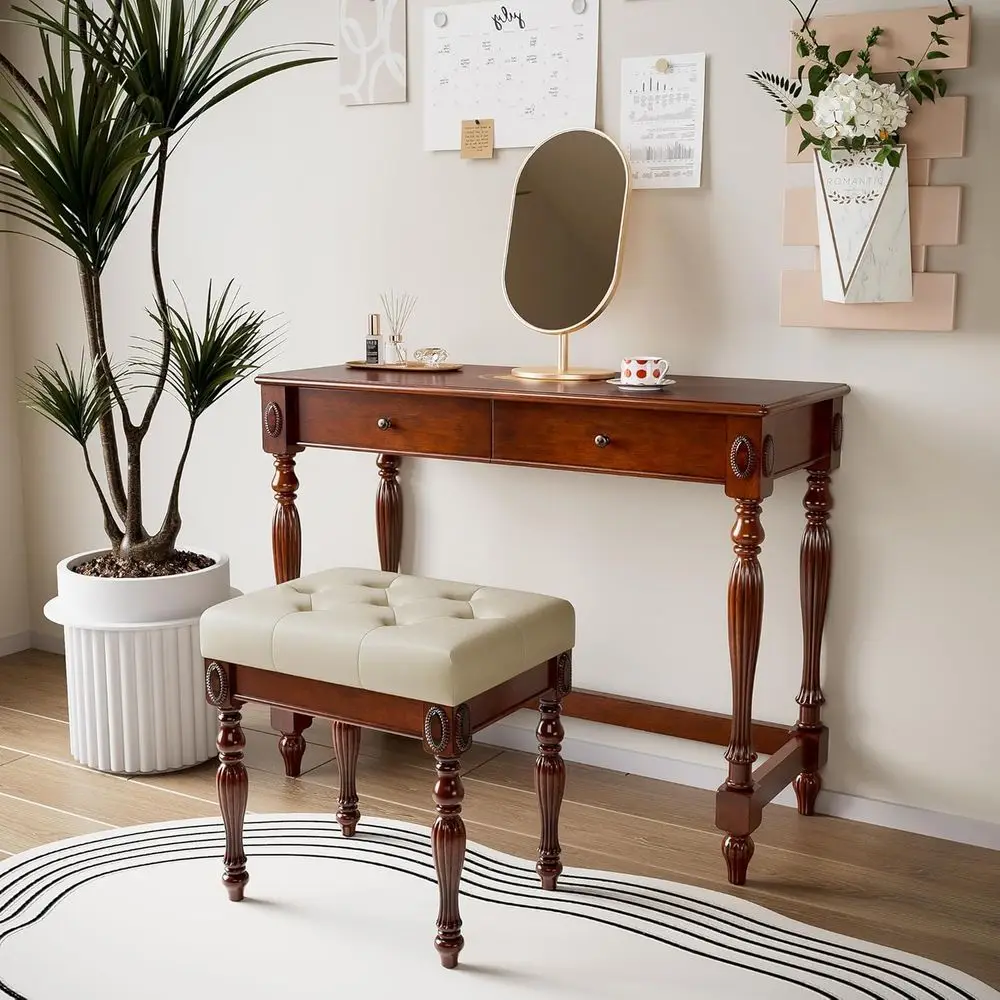 Vintage Wooden Writing Desk and Cushioned Stool Set, Compact Secretary Desk with 2 Drawers, 39.4 W, Beige Vanity Makeup Table fo
Vintage Wooden Writing Desk and Cushioned Stool Set, Compact Secretary Desk with 2 Drawers, 39.4 W, Beige Vanity Makeup Table fo