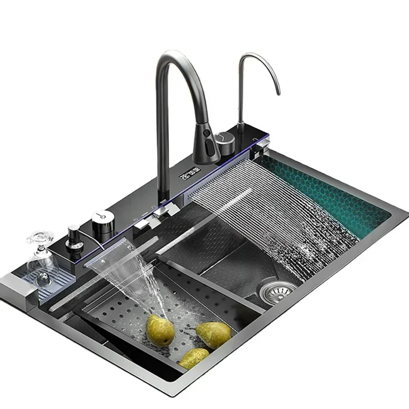 LED digital display waterfall style kitchen sink 304 stainless steel black nano intelligent kitchen sink
LED digital display waterfall style kitchen sink 304 stainless steel black nano intelligent kitchen sink