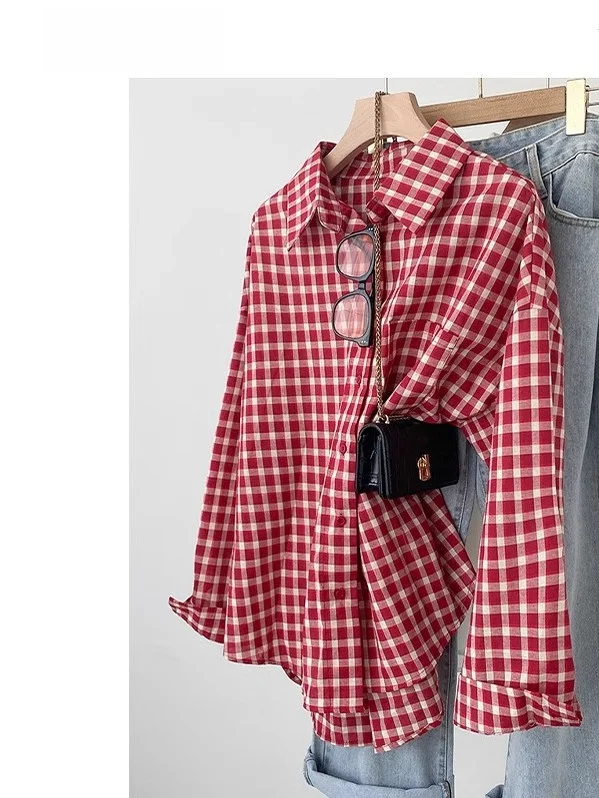 Retro Hong Kong Style Long Sleeve Red Plaid Shirt Lightweight Outerwear Cardigan Sun Protection Lazy Style Top Women's Fashion
Retro Hong Kong Style Long Sleeve Red Plaid Shirt Lightweight Outerwear Cardigan Sun Protection Lazy Style Top Women's Fashion