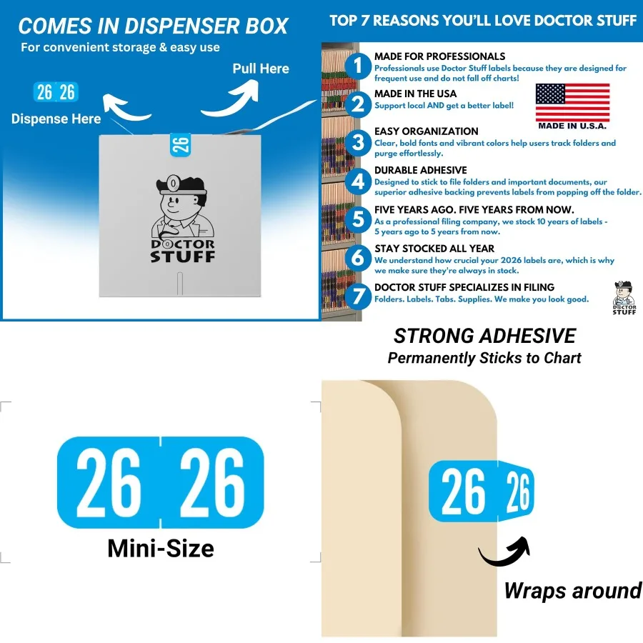 MINI 2026 Year Stickers Doctor Stuff 2026 Chart Stickers Light Blue Color Coded Tab 1287 Style USA Made Year Labels for End Tab
MINI 2026 Year Stickers Doctor Stuff 2026 Chart Stickers Light Blue Color Coded Tab 1287 Style USA Made Year Labels for End Tab