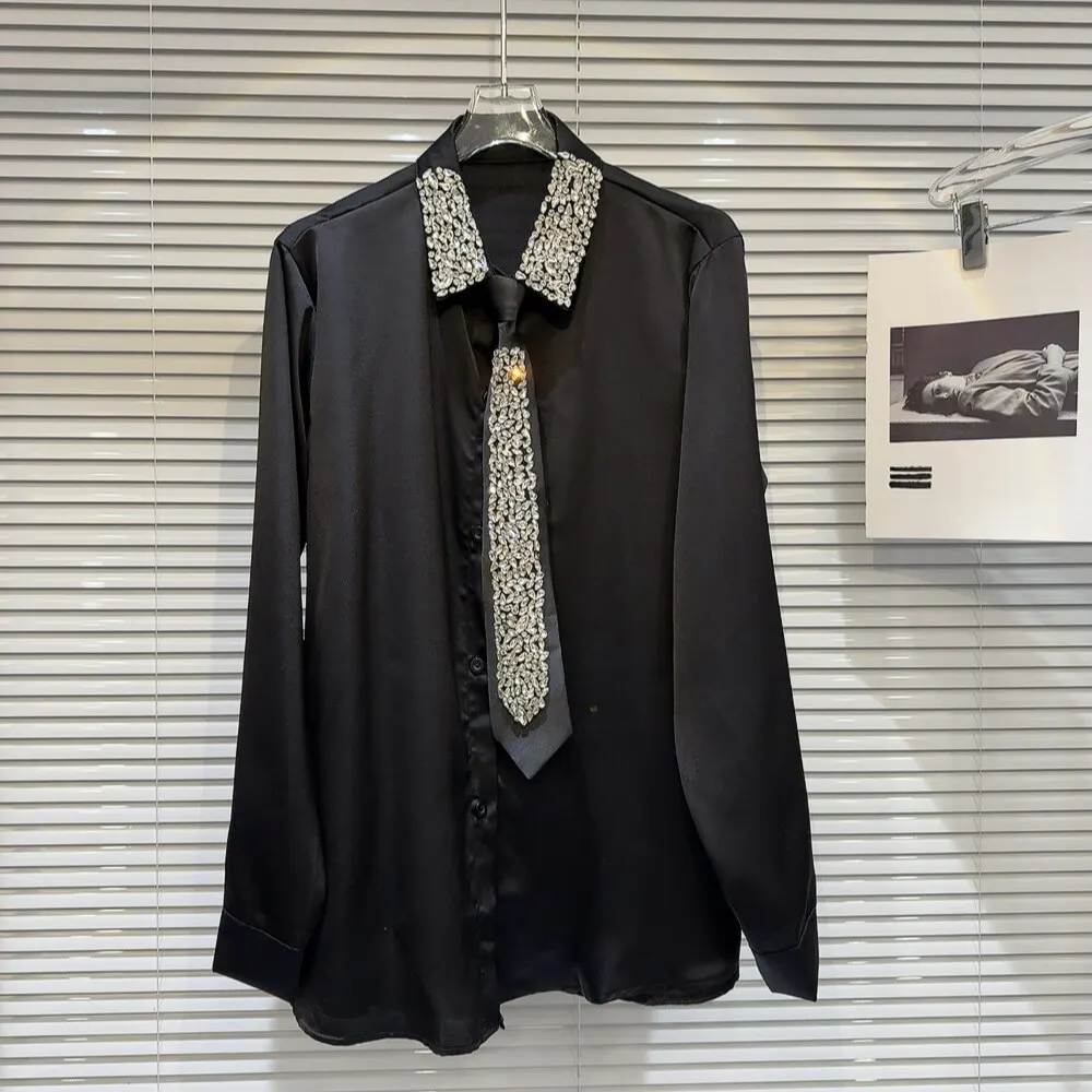 Spring 2026 Heavy Embellished Water Diamond Buttoned Tie Design Silk Satin Long Sleeve Women's Shirt Elegant Fashionable
Spring 2026 Heavy Embellished Water Diamond Buttoned Tie Design Silk Satin Long Sleeve Women's Shirt Elegant Fashionable