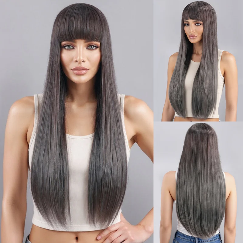European and American fashion women's gray long straight hair with bangs, natural everyday high-temperature synthetic fiber full
European and American fashion women's gray long straight hair with bangs, natural everyday high-temperature synthetic fiber full