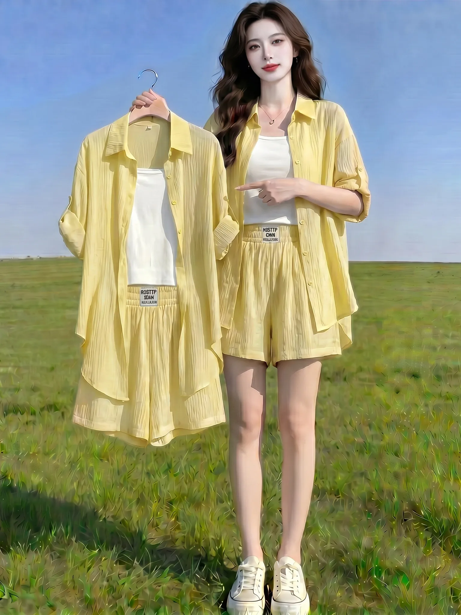 Summer Thin Loose Slimming Sun Protection Collared Shirt Women's High Waist Versatile Wide Leg Shorts Set Fashionable Busines...
Summer Thin Loose Slimming Sun Protection Collared Shirt Women's High Waist Versatile Wide Leg Shorts Set Fashionable Busines...
