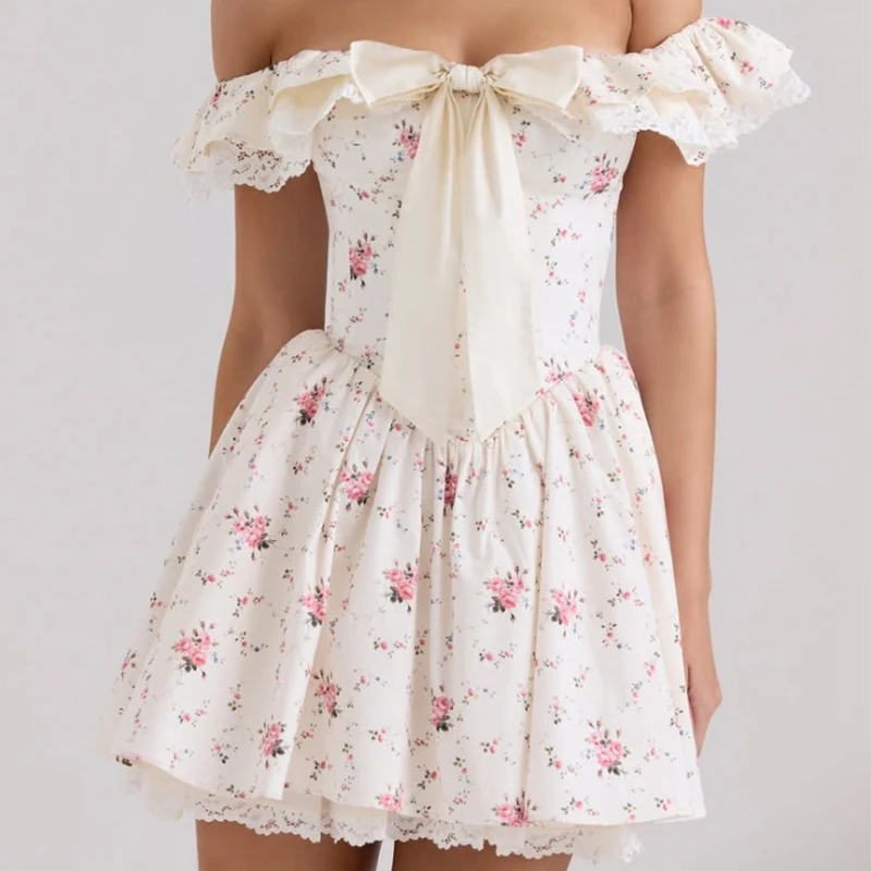 Sweet Bow Sexy Off Shoulder Floral Print Summer Dress Women Lace Spliced Short Sleeve A-line Slim Mini Dresses Holiday Robe
Sweet Bow Sexy Off Shoulder Floral Print Summer Dress Women Lace Spliced Short Sleeve A-line Slim Mini Dresses Holiday Robe