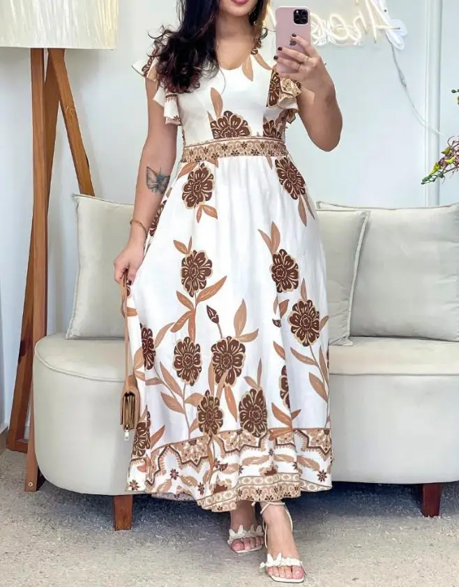 Women's Dress Summer 2025 Fashion Floral Print V-Neck Short Sleeve Shirred Dress Bohemian Style Retro Printed Elegant Dress
Women's Dress Summer 2025 Fashion Floral Print V-Neck Short Sleeve Shirred Dress Bohemian Style Retro Printed Elegant Dress