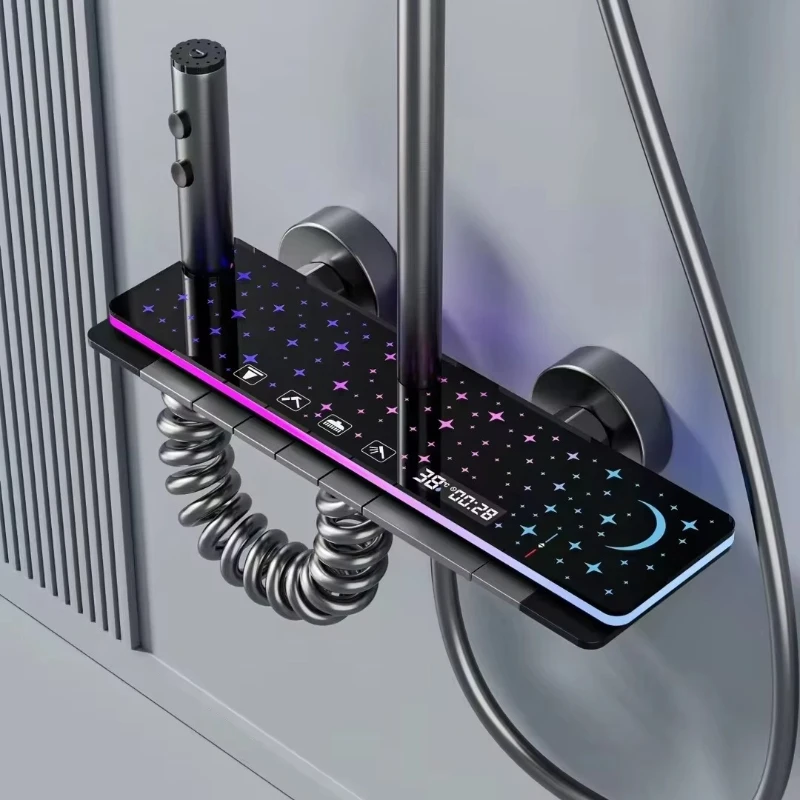 Luxury Modern Bathroom Light Emitting Display Shower Set with Rain Jet Soft Spray Massage Function, Hotel Chrome Surface Mixer
Luxury Modern Bathroom Light Emitting Display Shower Set with Rain Jet Soft Spray Massage Function, Hotel Chrome Surface Mixer