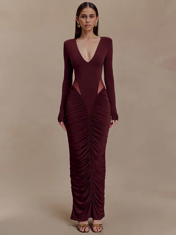 Deep V Neck Long Sleeve Ruched Sexy Maxi Dress Women Gown Elegant Mesh See Through High Waist Bodycon Club Party Dress
Deep V Neck Long Sleeve Ruched Sexy Maxi Dress Women Gown Elegant Mesh See Through High Waist Bodycon Club Party Dress