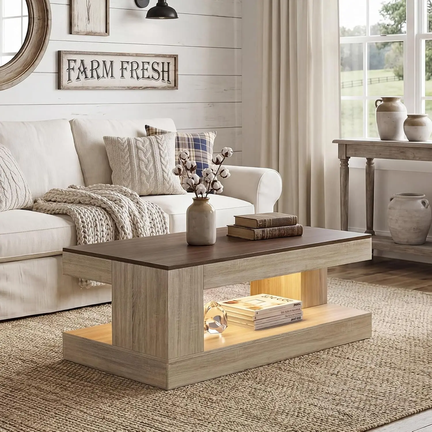 2-Tier Rustic Wood Coffee Table with Storage Shelf LED Light Walnut & White 47in for Living Room Apartment Office, Customized
2-Tier Rustic Wood Coffee Table with Storage Shelf LED Light Walnut & White 47in for Living Room Apartment Office, Customized
