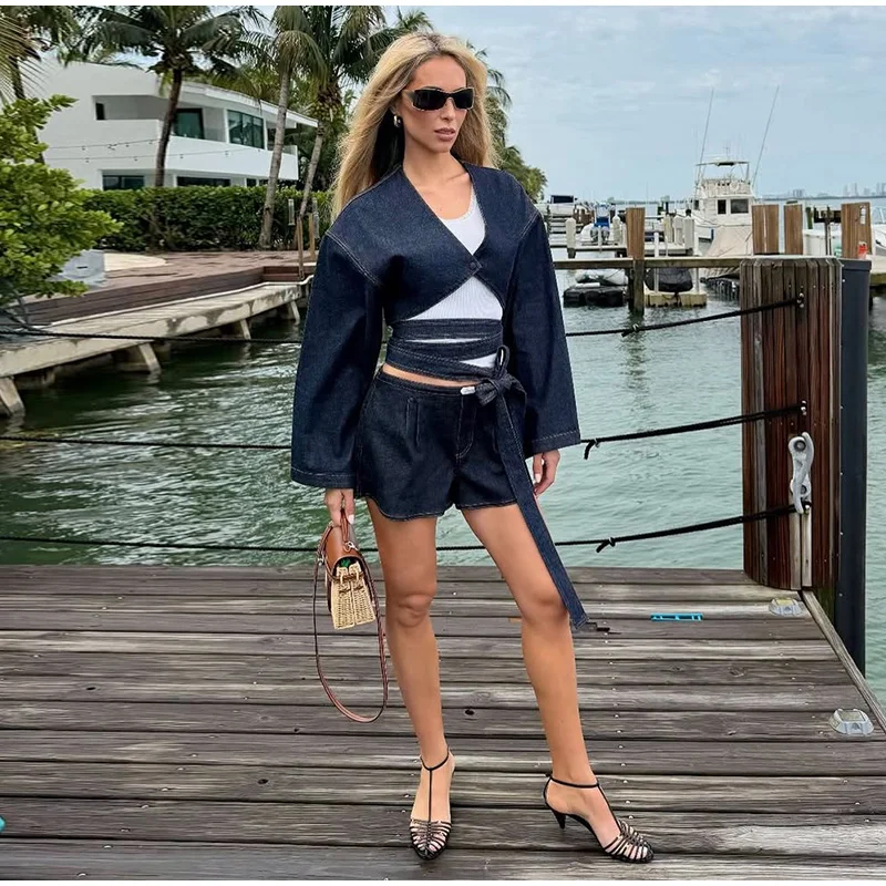 Fashion Denim Two-Piece Outfit Women's V-neck Lace Up Button Cropped Jacket Slit Wide Leg Pants 2026 New Lady Casual Streetwear 29 S9d14a372ce5d49998b2c5b915811a702e