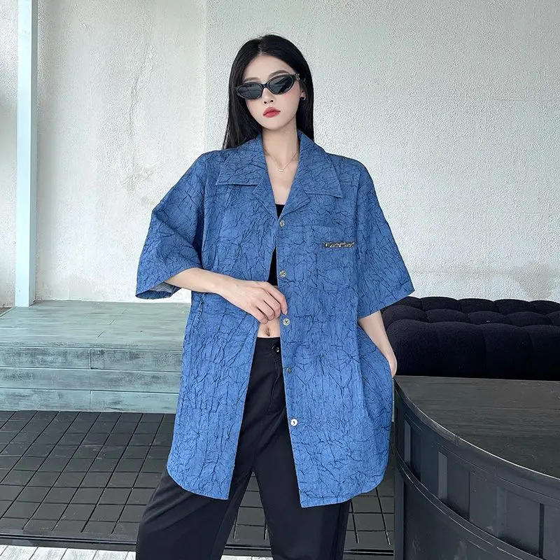 Denim Shirt Pleated Texture High-End Short-Sleeved Women'S New Summer Style Handsome Half-Sleeved Shirt Top Trendy
Denim Shirt Pleated Texture High-End Short-Sleeved Women'S New Summer Style Handsome Half-Sleeved Shirt Top Trendy