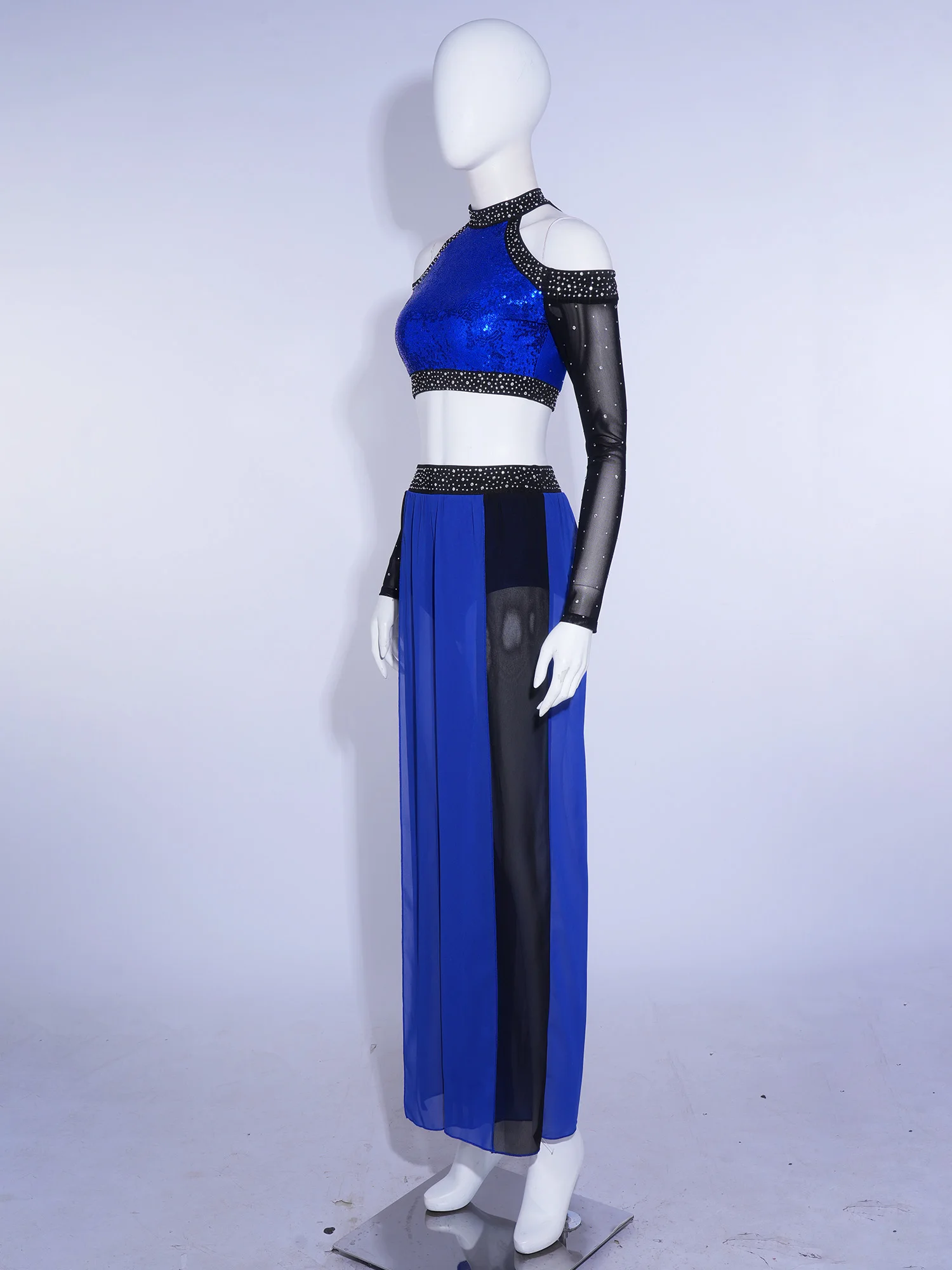 Women Shiny Rhinestones Cold Shoulder Tank Top And Mesh Legs Wide Leg Pants Modern Ballet Lyrical Dance Performance Costume
Women Shiny Rhinestones Cold Shoulder Tank Top And Mesh Legs Wide Leg Pants Modern Ballet Lyrical Dance Performance Costume
