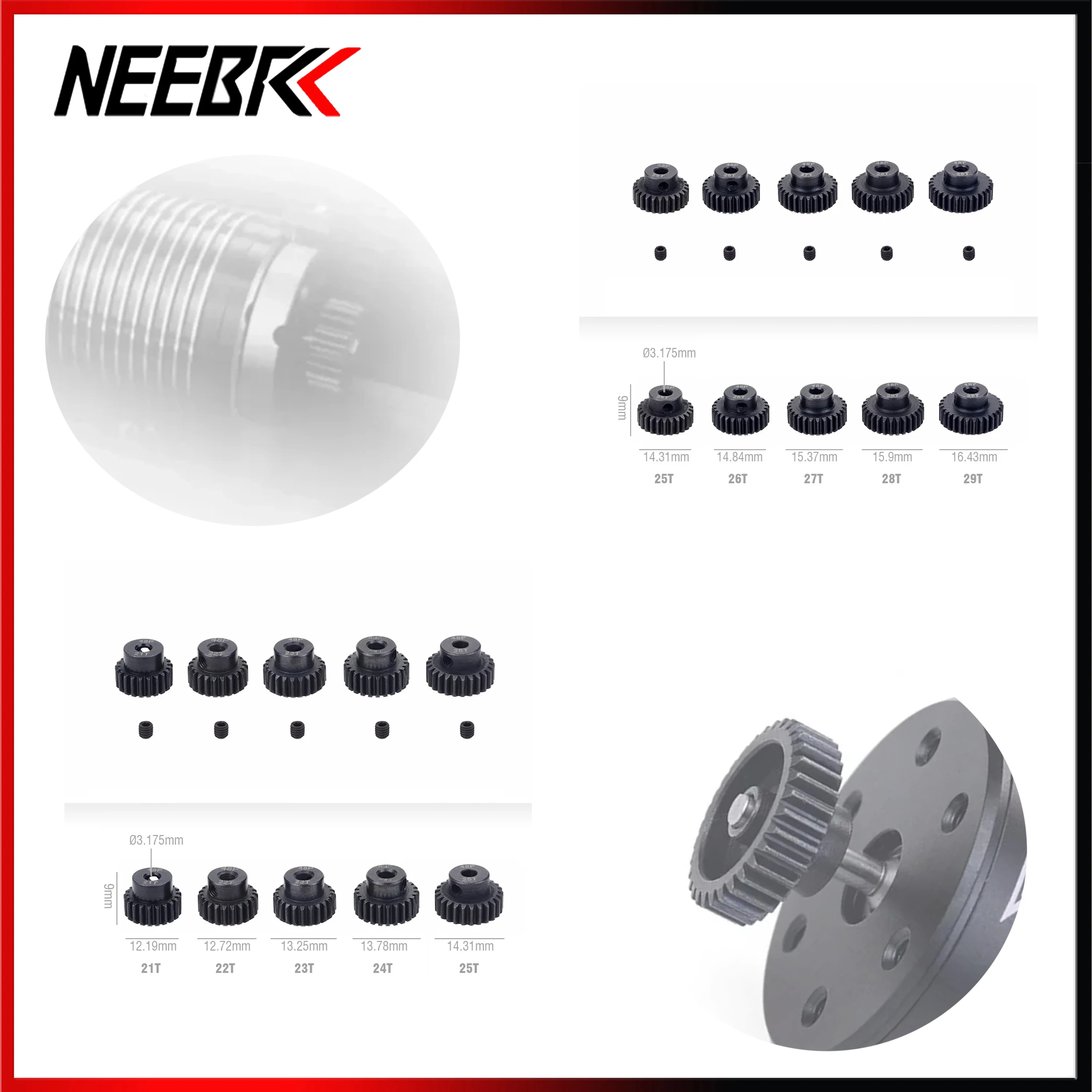 NEEBRC 48DP 3.175mm Metal Motor Gear 13T-41T Black Steel Pinion for 1/10 RC Car Drift Truck Crawler ESC Model Toy Accessories
NEEBRC 48DP 3.175mm Metal Motor Gear 13T-41T Black Steel Pinion for 1/10 RC Car Drift Truck Crawler ESC Model Toy Accessories