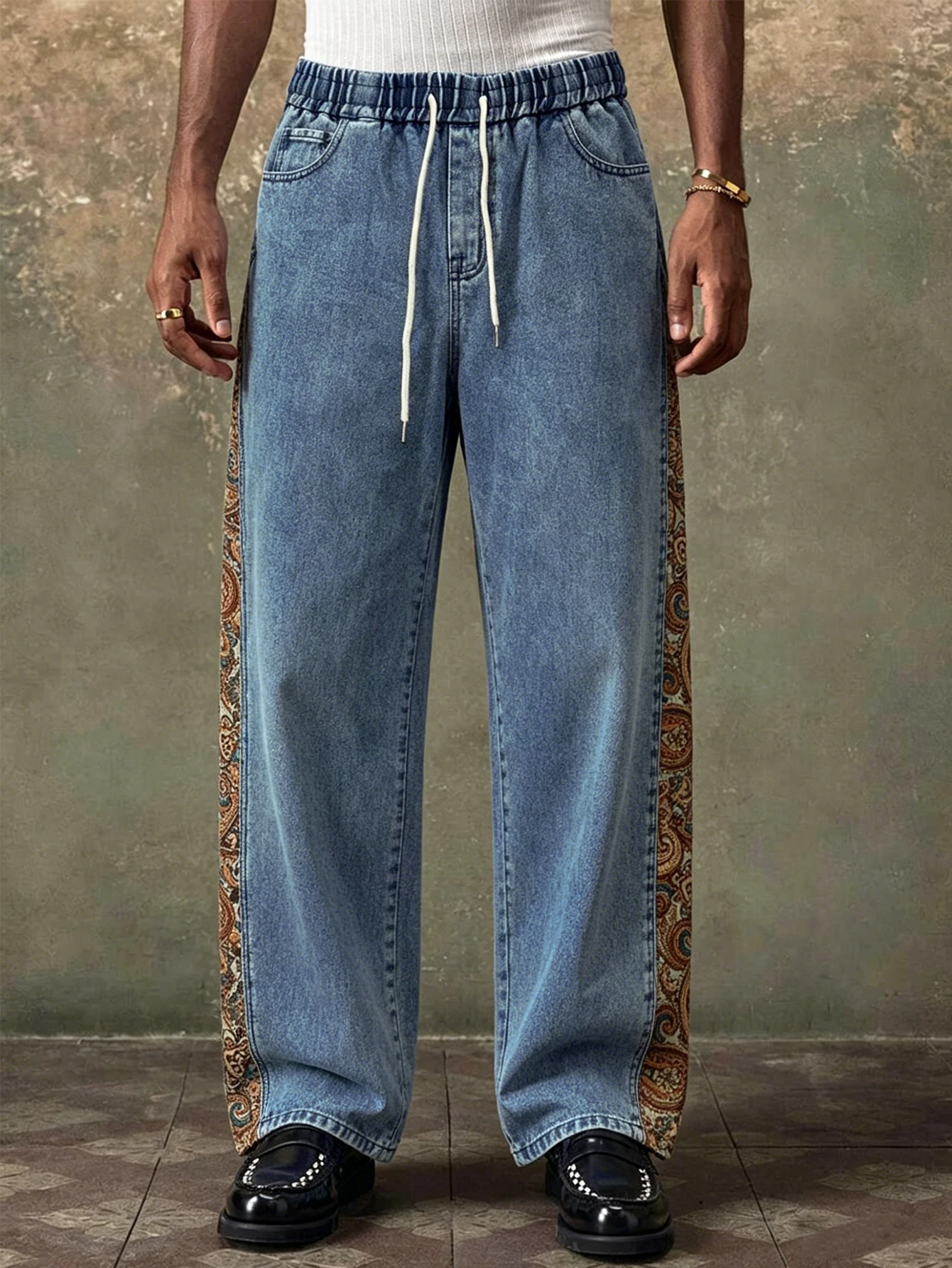 Men Loose Straight Casual Pants Denim Look Contrast Cashew Embroidery Splice, Elastic Drawstring Waist Street Commuter Trousers
Men Loose Straight Casual Pants Denim Look Contrast Cashew Embroidery Splice, Elastic Drawstring Waist Street Commuter Trousers