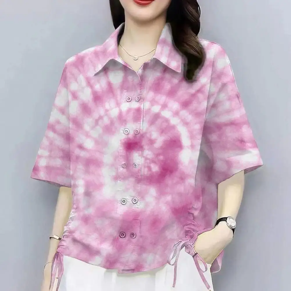 Tie Dye Print Lapel Women Shirt Summer Casual Top Short Sleeve Double Breasted Shirt Side Drawstring Design Loose Stretchy Shirt
Tie Dye Print Lapel Women Shirt Summer Casual Top Short Sleeve Double Breasted Shirt Side Drawstring Design Loose Stretchy Shirt
