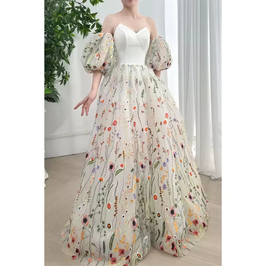 Lace Embroidery Prom Dress Customized V-neck Detachable Fluffy Sleeved A-line Wedding Party Dress Elegant Women's Evening Dress
Lace Embroidery Prom Dress Customized V-neck Detachable Fluffy Sleeved A-line Wedding Party Dress Elegant Women's Evening Dress