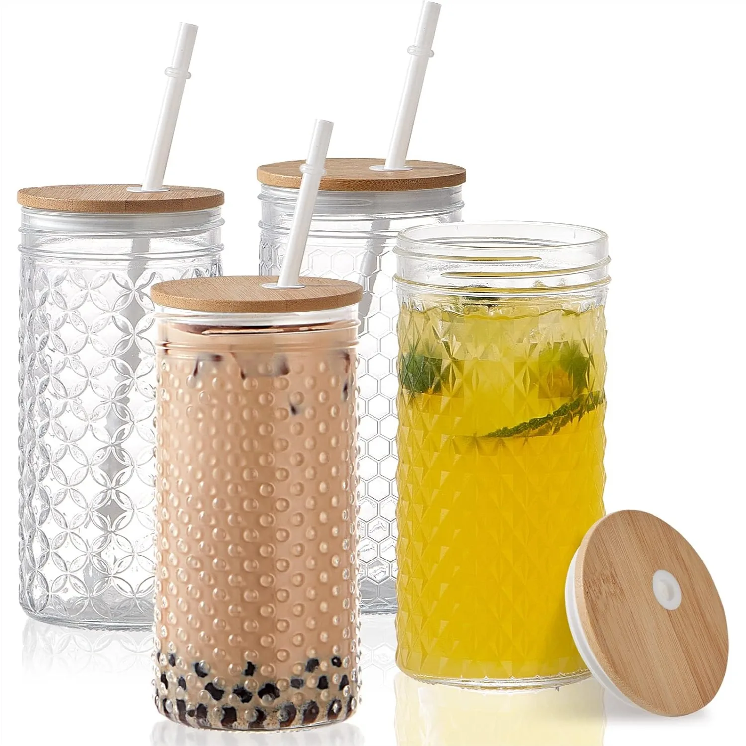 Glass Tumblers 24oz with Bamboo Lids and Straws, 4 Pack Mason Jar Drinking Glasses for Travel, Variety Patterns
Glass Tumblers 24oz with Bamboo Lids and Straws, 4 Pack Mason Jar Drinking Glasses for Travel, Variety Patterns