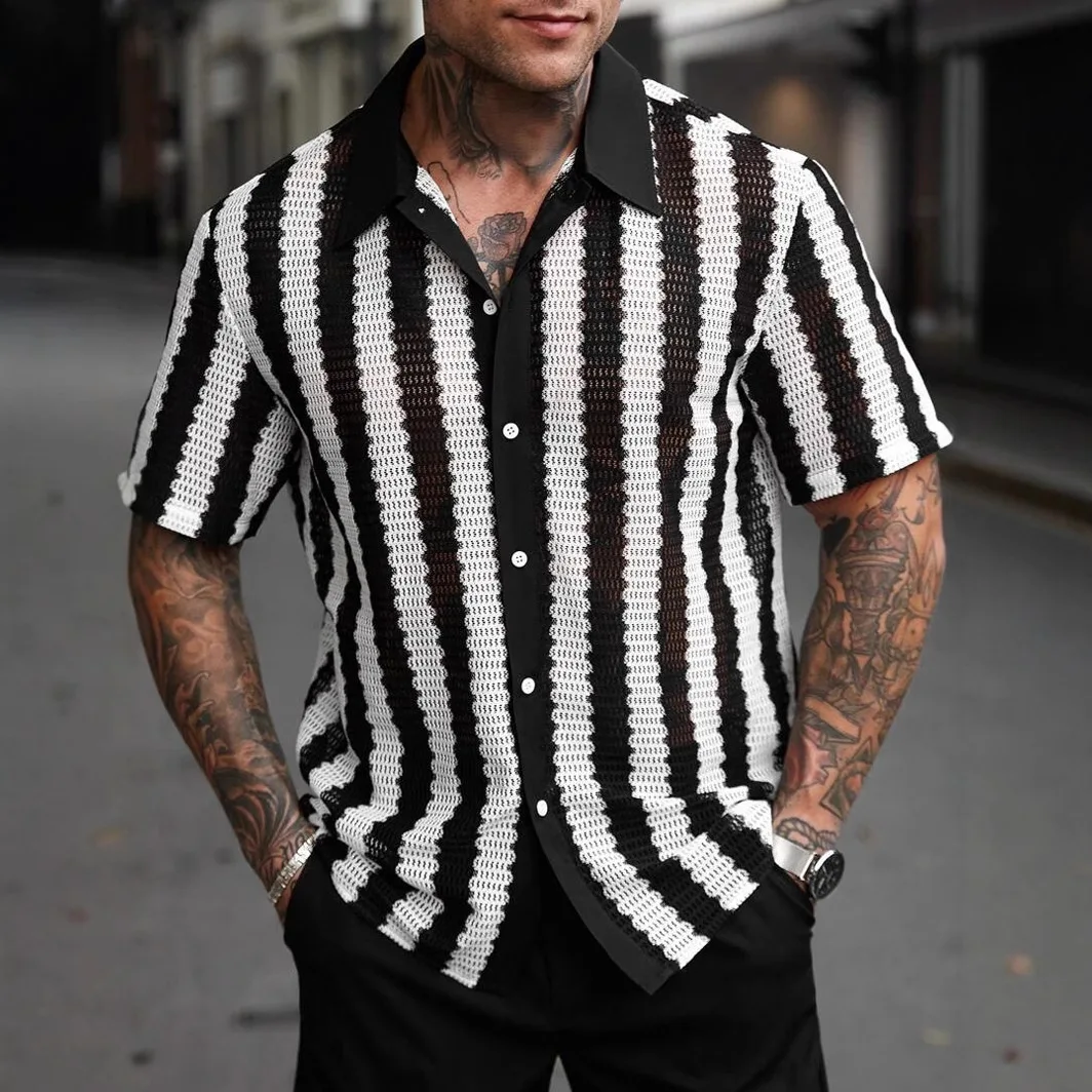 Black White Striped Knitted Shirt For Men Breathable Hollow Out Knit Cardigan Summer Daily Leisure Short Sleeve Knitwear Tops
Black White Striped Knitted Shirt For Men Breathable Hollow Out Knit Cardigan Summer Daily Leisure Short Sleeve Knitwear Tops