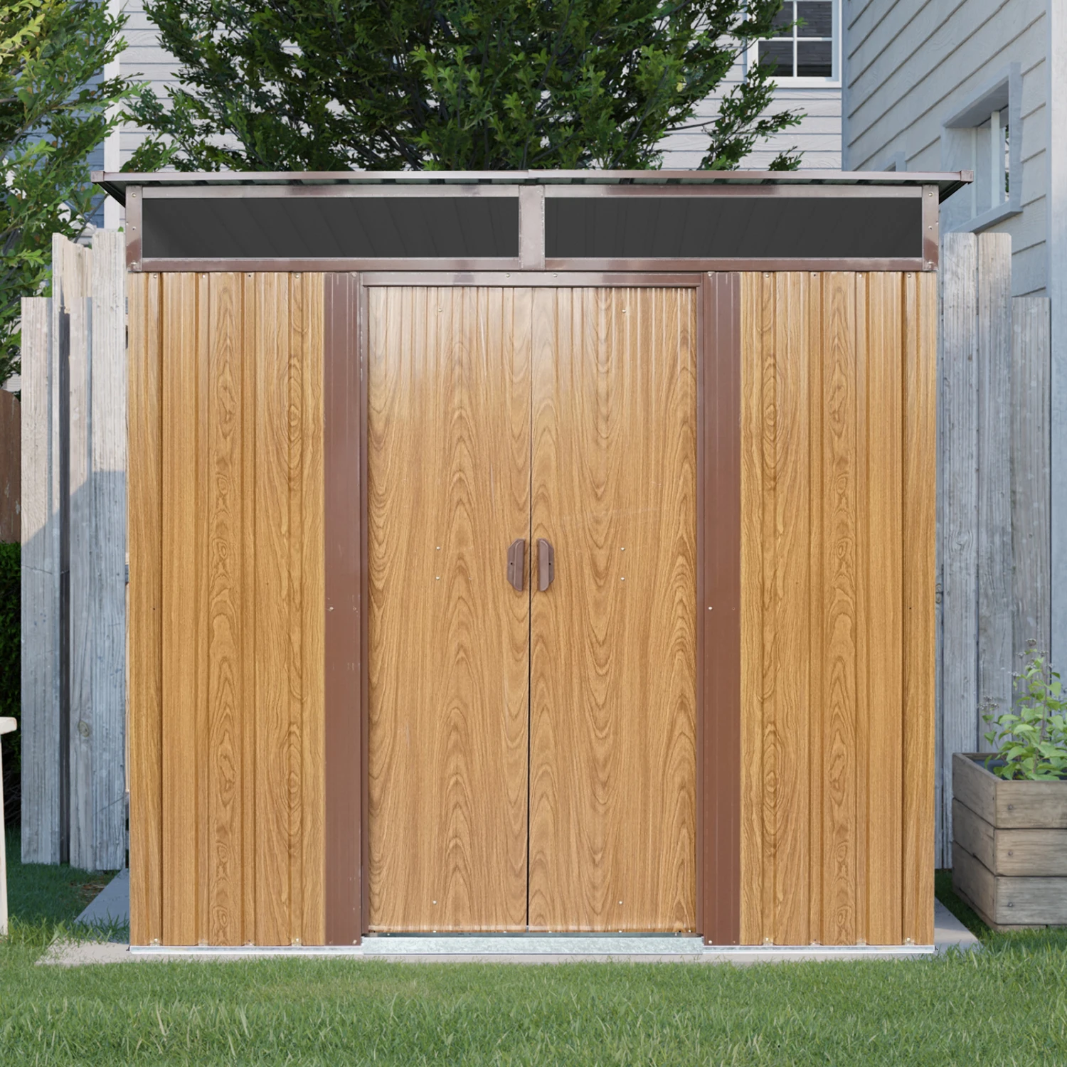 6ft x 5ft Outdoor Metal Storage Shed with Window and Transparent plate for Garden, Lawn (Coffee)
6ft x 5ft Outdoor Metal Storage Shed with Window and Transparent plate for Garden, Lawn (Coffee)