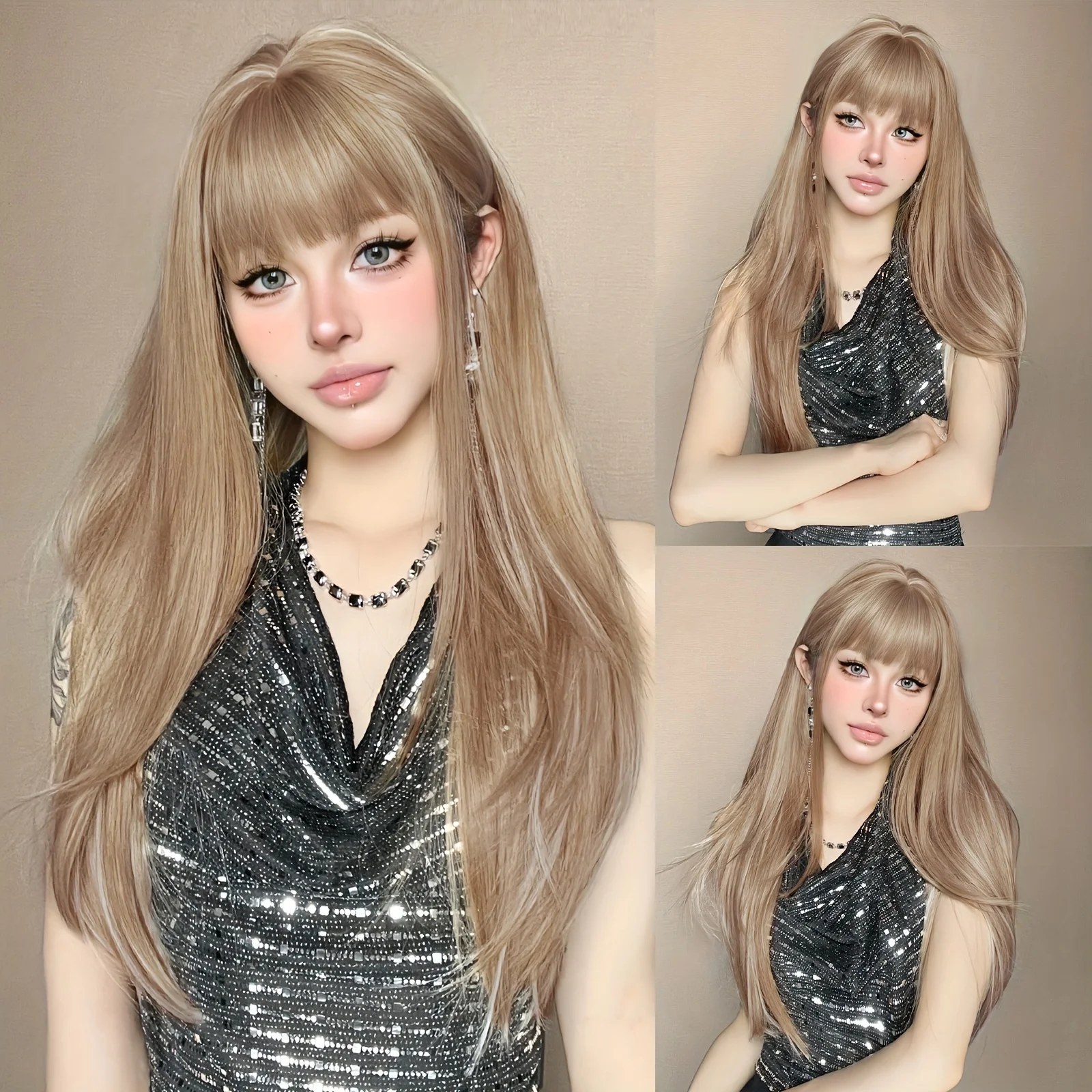 28-дюймовый светло-русый длинный прямой синтетический парик с челкой и многослойным дизайном
28-дюймовый светло-русый длинный прямой синтетический парик с челкой и многослойным дизайном