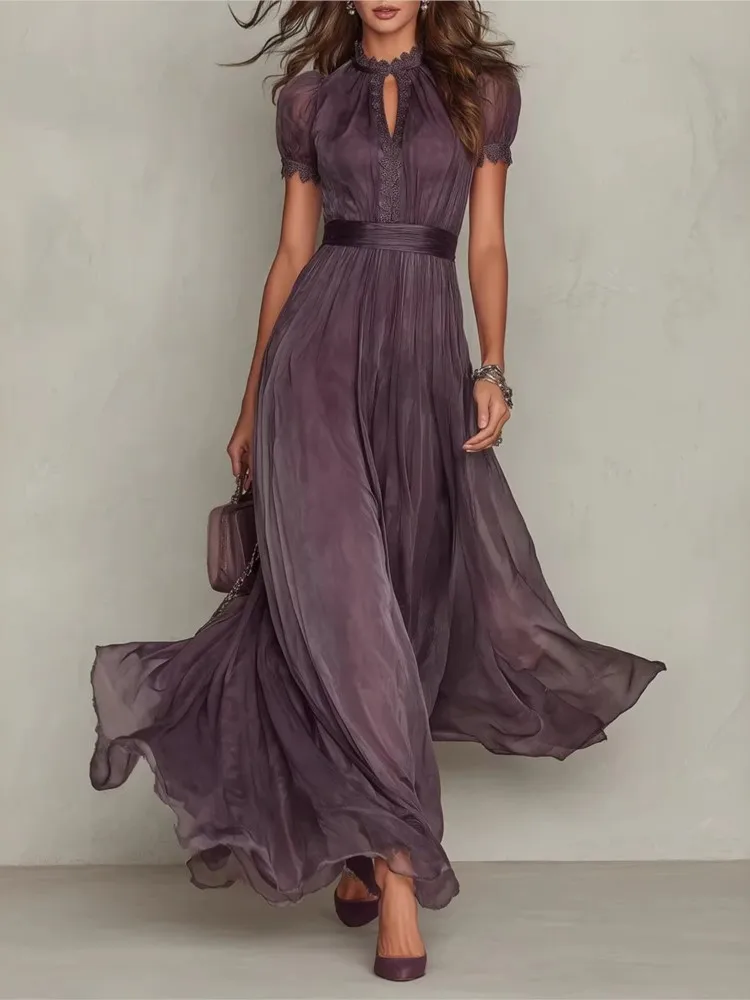 Vintage Solid Lace A-Line Long Dress Women's O Neck High Waist Pleated Party Dress Summer Short Sleeve Flowy Maxi Dresses Robe
Vintage Solid Lace A-Line Long Dress Women's O Neck High Waist Pleated Party Dress Summer Short Sleeve Flowy Maxi Dresses Robe