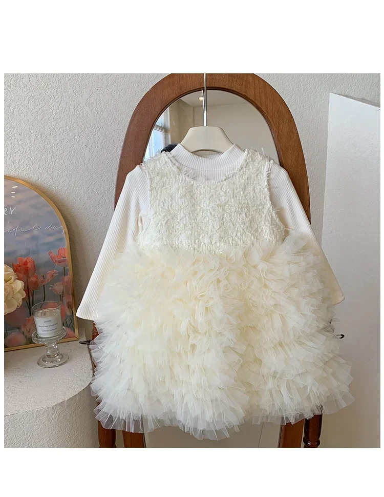 Водолазка с внутренним топом без рукавов, кружевное верхнее платье с украшением, многослойная тюлевая юбка с рюшами, детское платье для девочек, комплект из двух предметов
Водолазка с внутренним топом без рукавов, кружевное верхнее платье с украшением, многослойная тюлевая юбка с рюшами, детское платье для девочек, комплект из двух предметов