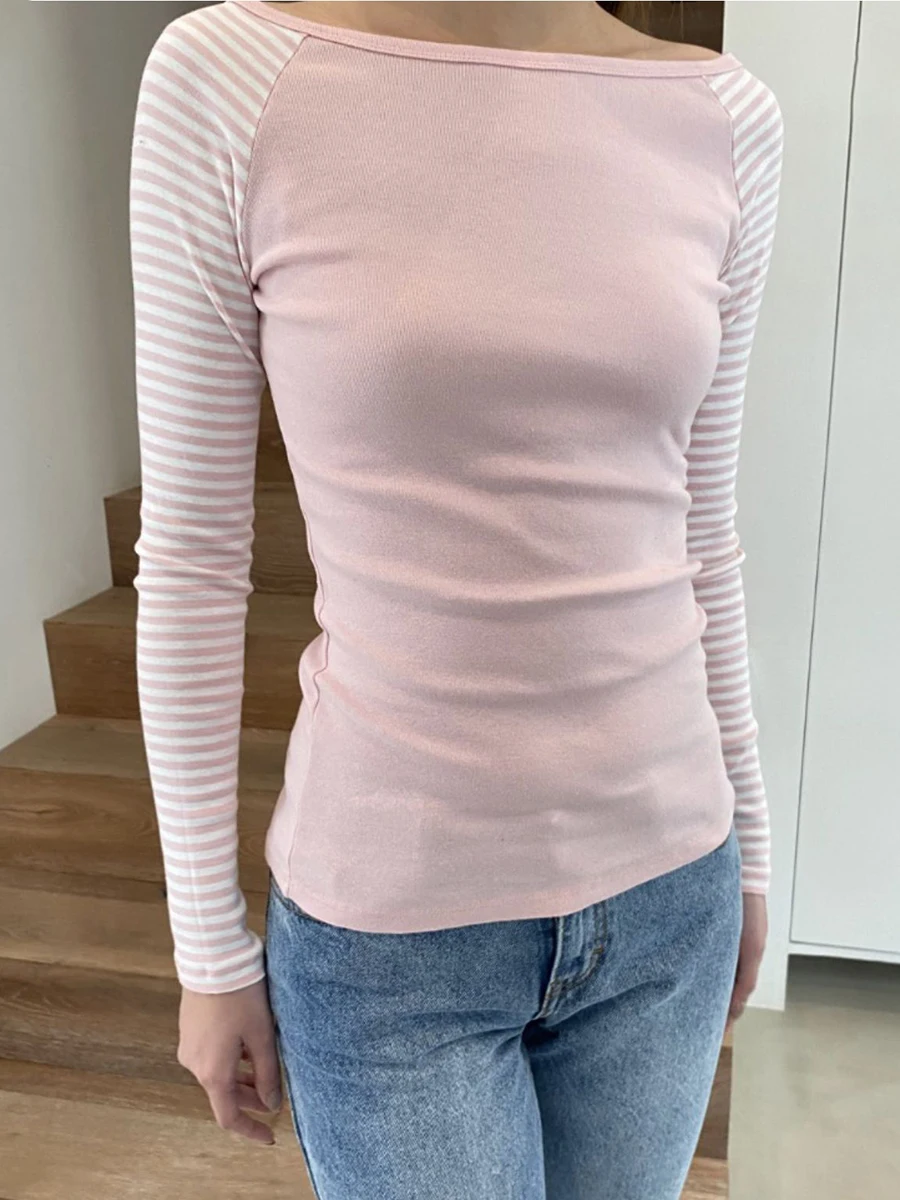 Striped Pink Long Sleeve Patchwork T-shirt Woman Spring Round Neck Cotton Slim Tee Shirts Sweet Preppy Style Tshirt Y2k Top New
Striped Pink Long Sleeve Patchwork T-shirt Woman Spring Round Neck Cotton Slim Tee Shirts Sweet Preppy Style Tshirt Y2k Top New
