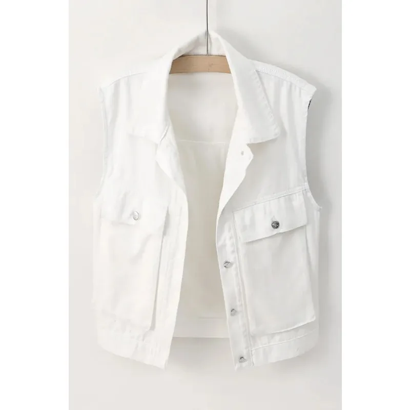 Women's White Denim Vest Casual Sleeveless Button Front Lapel Waistcoat with Flap Pockets
Women's White Denim Vest Casual Sleeveless Button Front Lapel Waistcoat with Flap Pockets