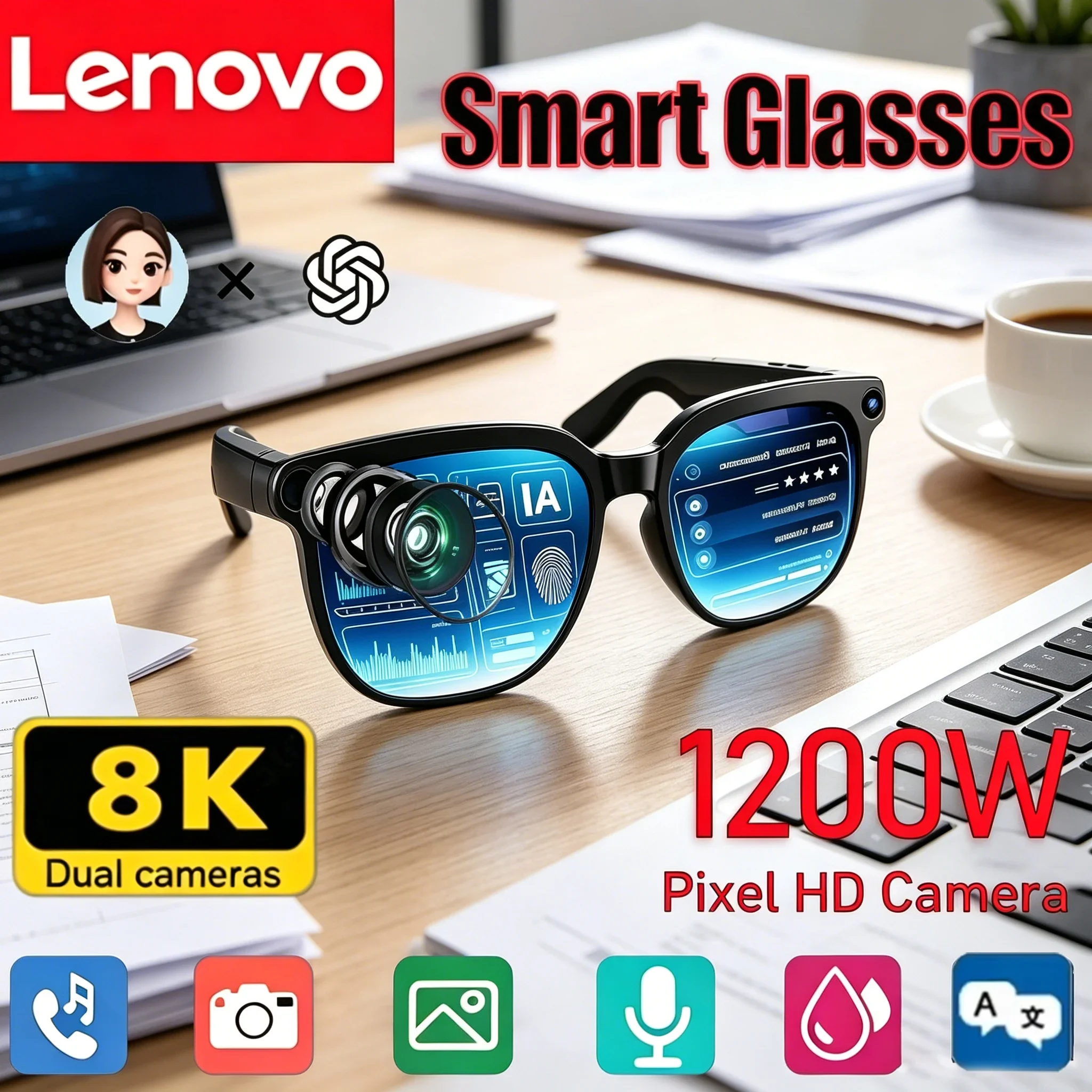 Lenovo AI Smart Glasses Touch Control 8K Camera Photo Recording Translator Voice Assistant Music Wireless Bluetooth Sunglasses
Lenovo AI Smart Glasses Touch Control 8K Camera Photo Recording Translator Voice Assistant Music Wireless Bluetooth Sunglasses