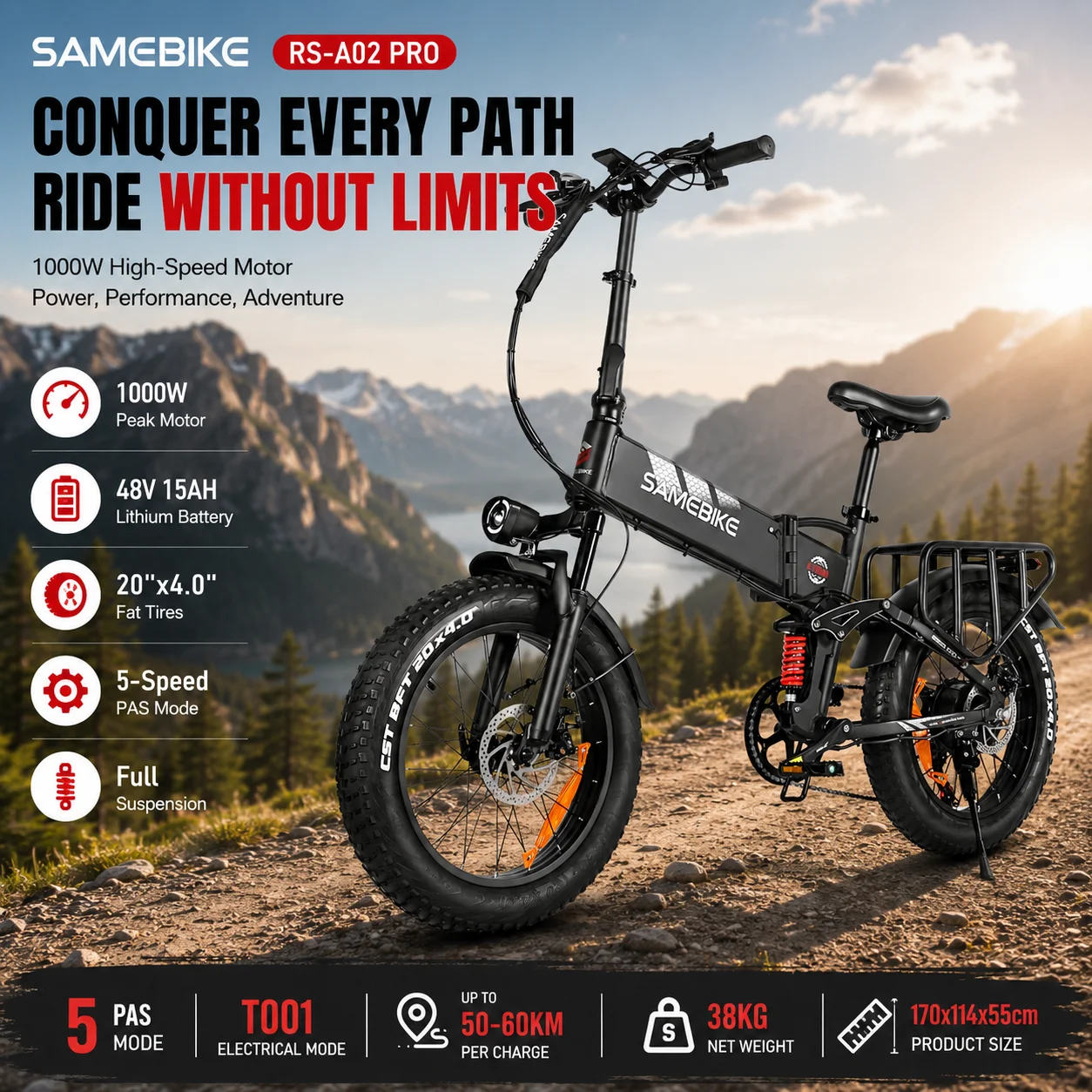 SAMEBIKE RS-A02 PRO Foldable Electric Bike 1000W Brushless Motor 48V 15Ah Battery 20” Fat Tire Adult E-Bike
SAMEBIKE RS-A02 PRO Foldable Electric Bike 1000W Brushless Motor 48V 15Ah Battery 20” Fat Tire Adult E-Bike