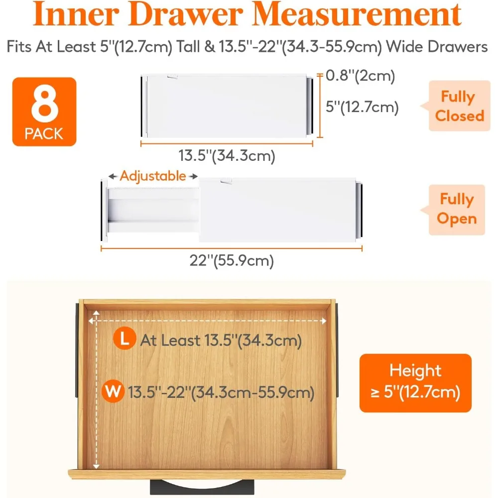 8 Pack Drawer Dividers Adjustable Clothes Organizers, Expandable Dresser Separators in Bedroom/Bathroom/Kitchen/Office
8 Pack Drawer Dividers Adjustable Clothes Organizers, Expandable Dresser Separators in Bedroom/Bathroom/Kitchen/Office