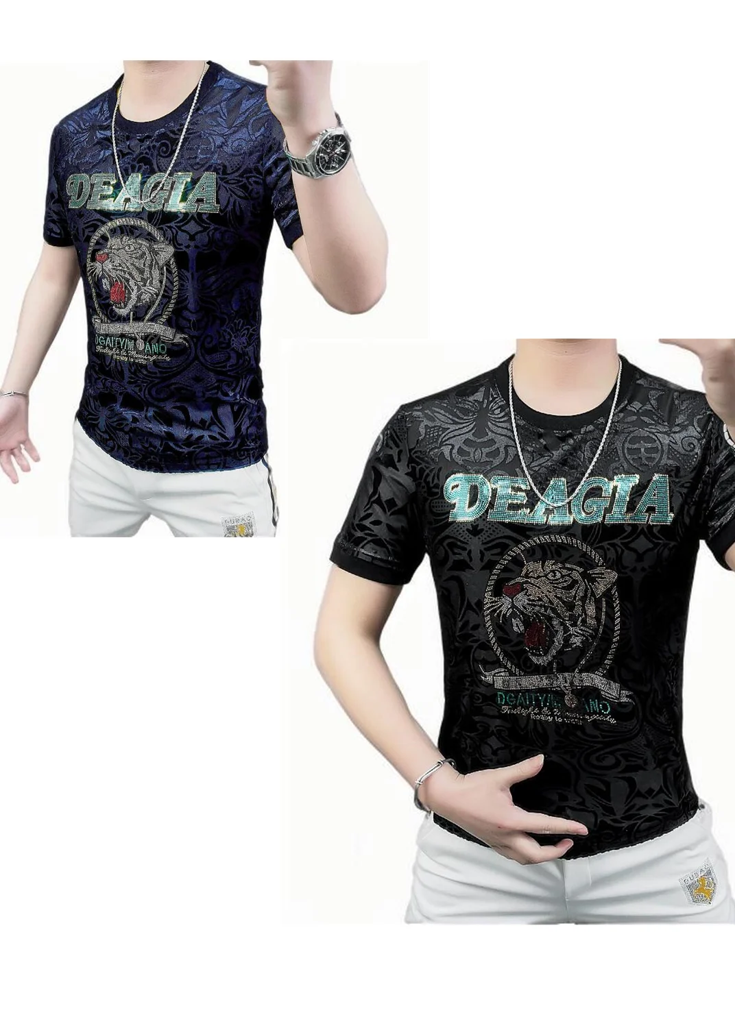Summer new simple European fashion trend tiger head fantasy color sequins embossed flocking burning flower men's short-sleeved T
Summer new simple European fashion trend tiger head fantasy color sequins embossed flocking burning flower men's short-sleeved T