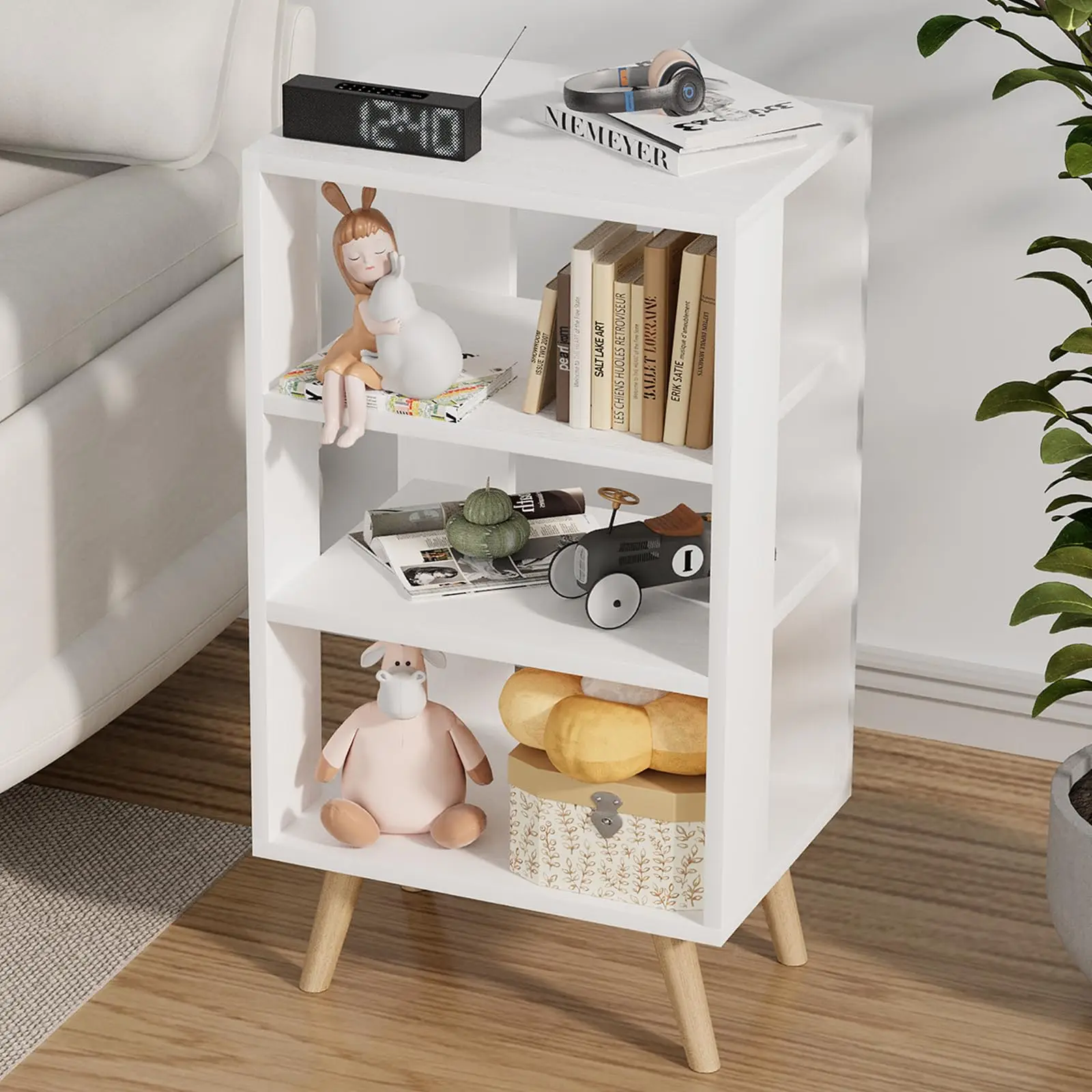 Modern White Open-Shelf Nightstand With Four Tiered Storage And Wooden Legs For Bedroom Or Living Room
Modern White Open-Shelf Nightstand With Four Tiered Storage And Wooden Legs For Bedroom Or Living Room