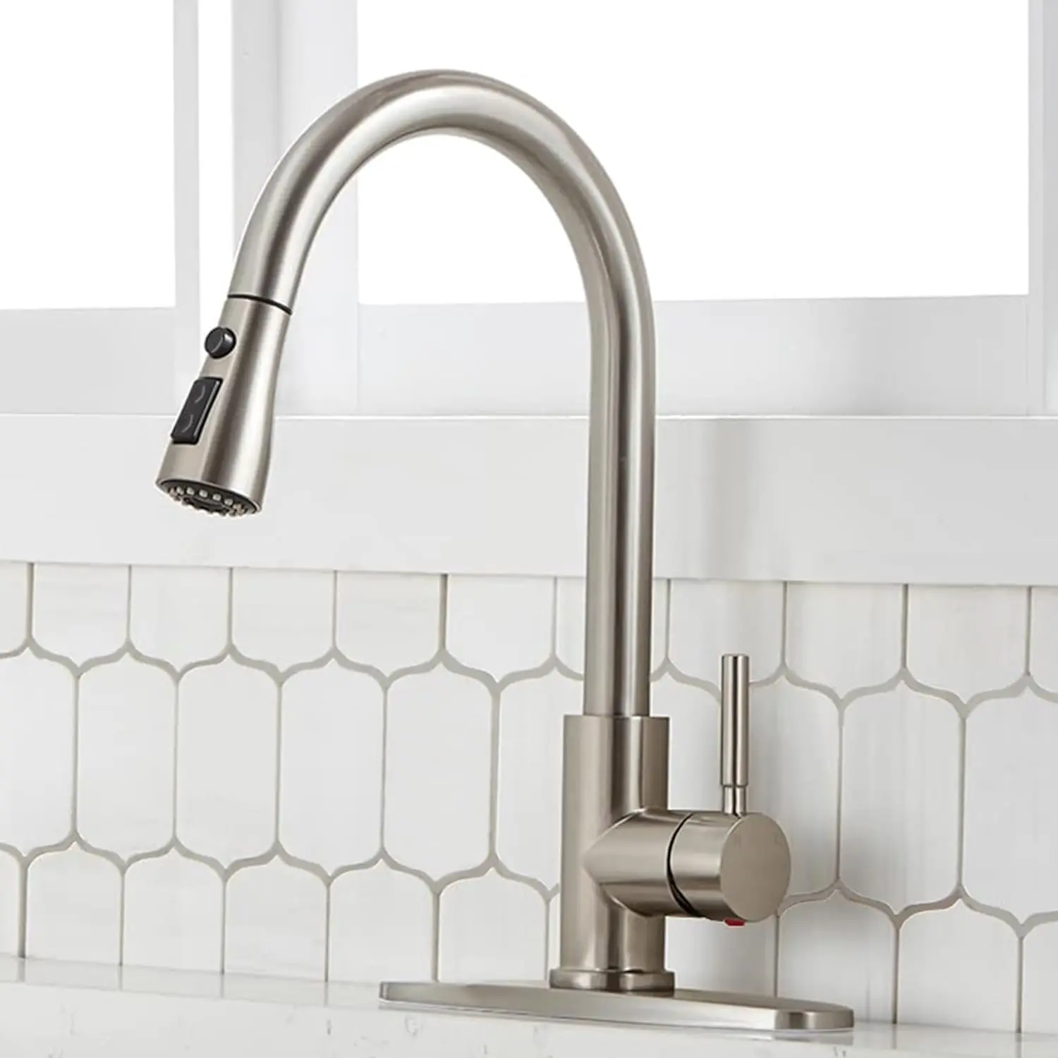 Brushed Nickel Pull Down Kitchen Faucet with Sprayer, Single Handle 360° Swivel, Stainless Steel
Brushed Nickel Pull Down Kitchen Faucet with Sprayer, Single Handle 360° Swivel, Stainless Steel