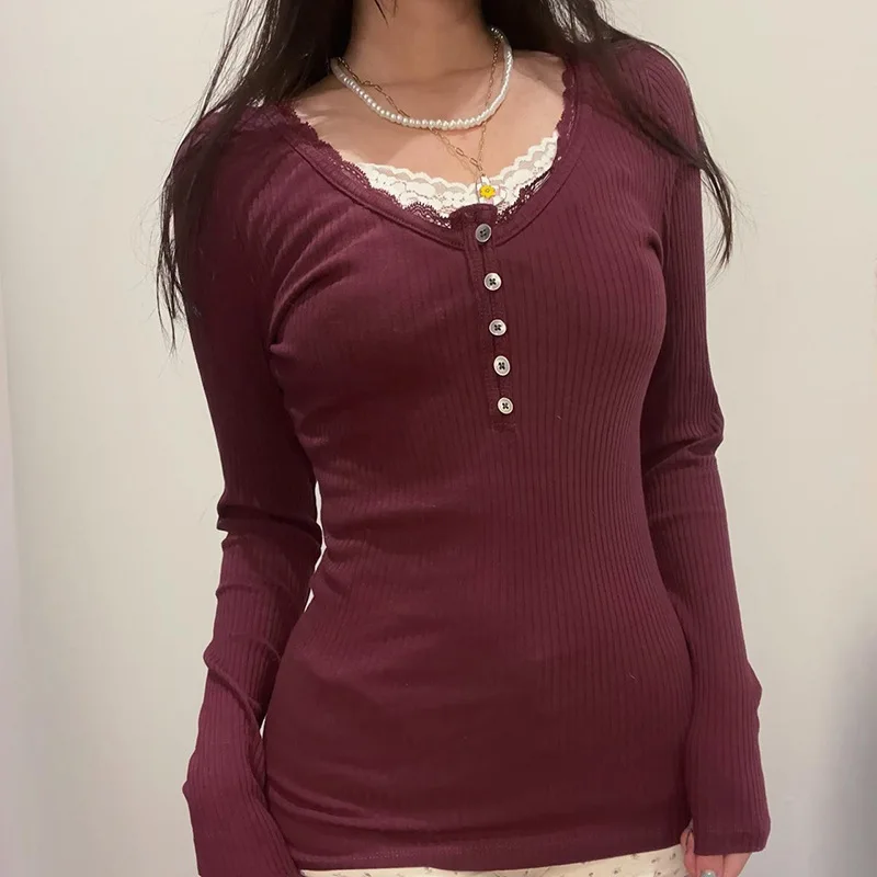 Ladies Slim Blouse Pure Lace Stitching Fake Two Breasted Blouse Wine Red Show White Autumn and Winter Knitted Long Sleeves Y2k
Ladies Slim Blouse Pure Lace Stitching Fake Two Breasted Blouse Wine Red Show White Autumn and Winter Knitted Long Sleeves Y2k