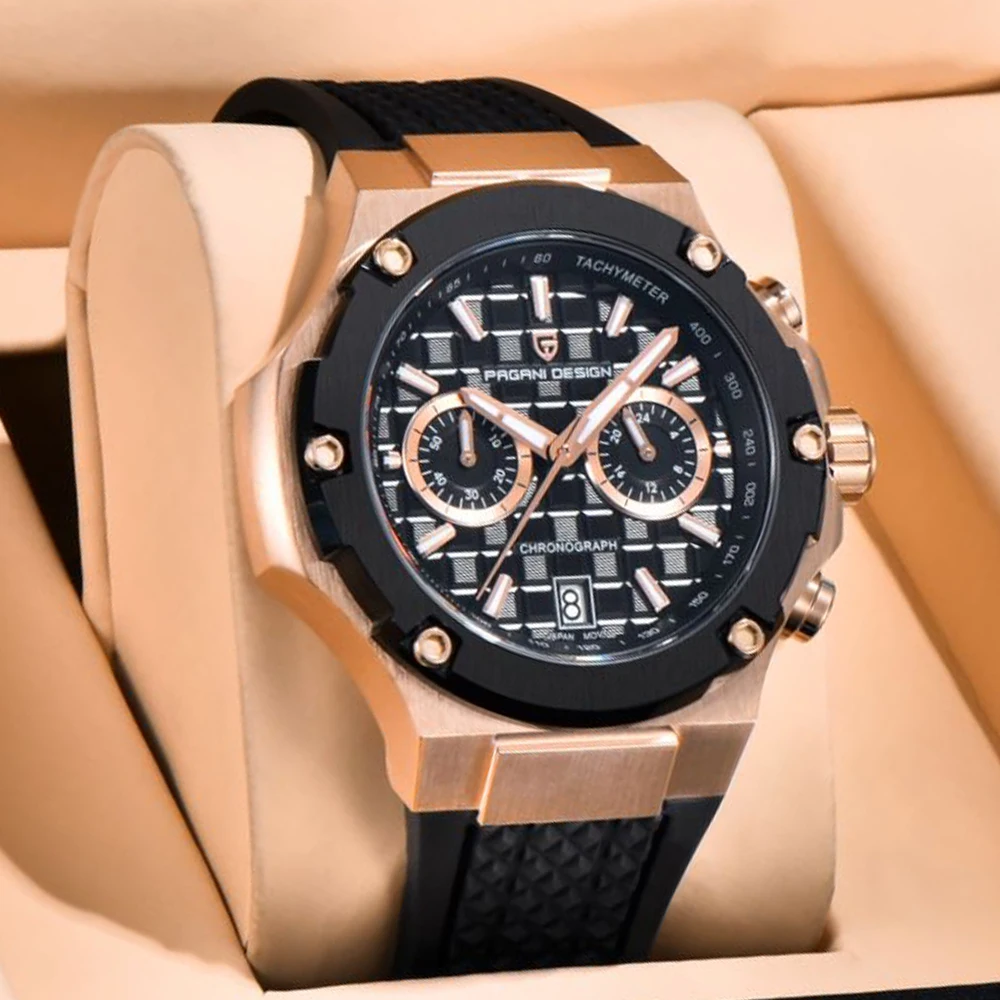 PAGANI DESIGN Men's Watches Luxury Rose Gold Sport Chronograph Japan VK64 Quartz Watch For Men Fluororubber Strap Wristwatch Men
PAGANI DESIGN Men's Watches Luxury Rose Gold Sport Chronograph Japan VK64 Quartz Watch For Men Fluororubber Strap Wristwatch Men