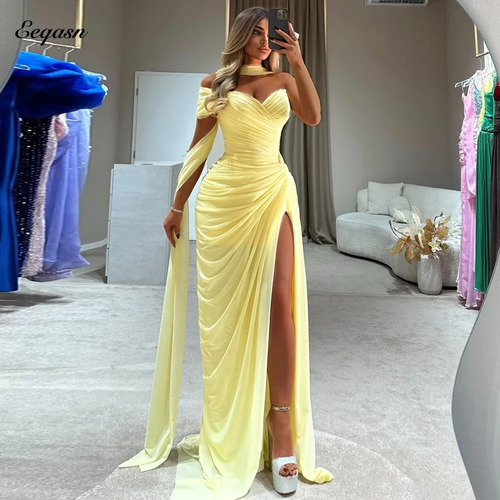 Eeqasn Yellow Pleat Chiffon Evening Gowns Customized High Slit Women's Prom Dresses Formal Party with Scarf Formal Occasion
Eeqasn Yellow Pleat Chiffon Evening Gowns Customized High Slit Women's Prom Dresses Formal Party with Scarf Formal Occasion