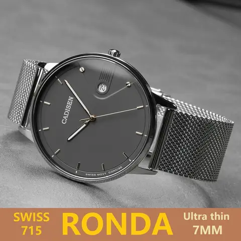CADISEN suisse Ronda 715 montre à Quartz homme 7MM cadran Ultra-mince saphir lumineux acier inoxydable Milano maille bracelet montres hommes