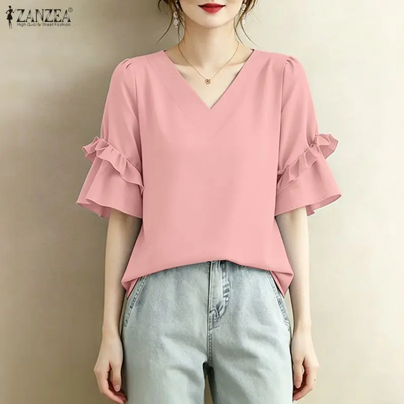 ZANZEA Women Elegant Ruffles Trim Blouses Solid Color V-Neck Half Flare Sleeve Pullover Tops Summer Daily Casual Blusas de Mujer
ZANZEA Women Elegant Ruffles Trim Blouses Solid Color V-Neck Half Flare Sleeve Pullover Tops Summer Daily Casual Blusas de Mujer