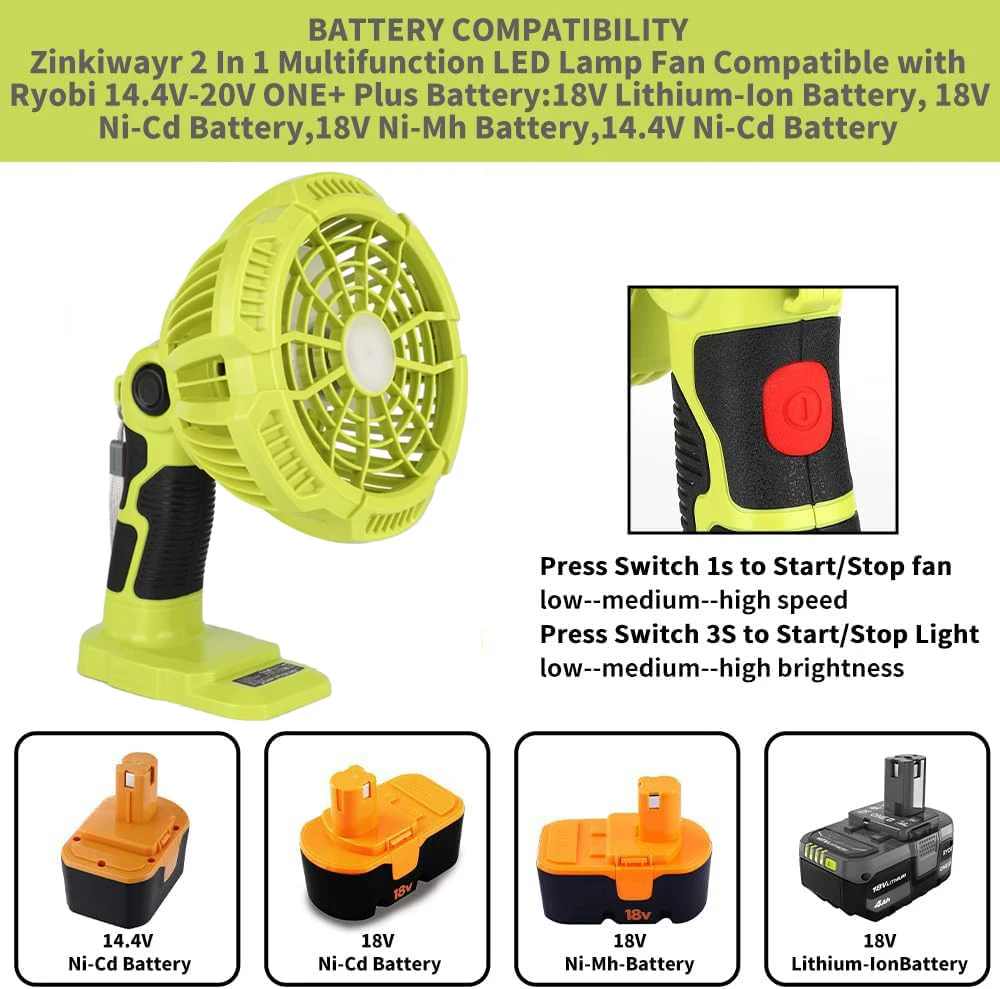 Cordless Fan Compatible with Ryobi 18v Battery with 300LM LED Light Portable Camping Fan 3300RPM for Home Outdoor Camping Picnic
Cordless Fan Compatible with Ryobi 18v Battery with 300LM LED Light Portable Camping Fan 3300RPM for Home Outdoor Camping Picnic