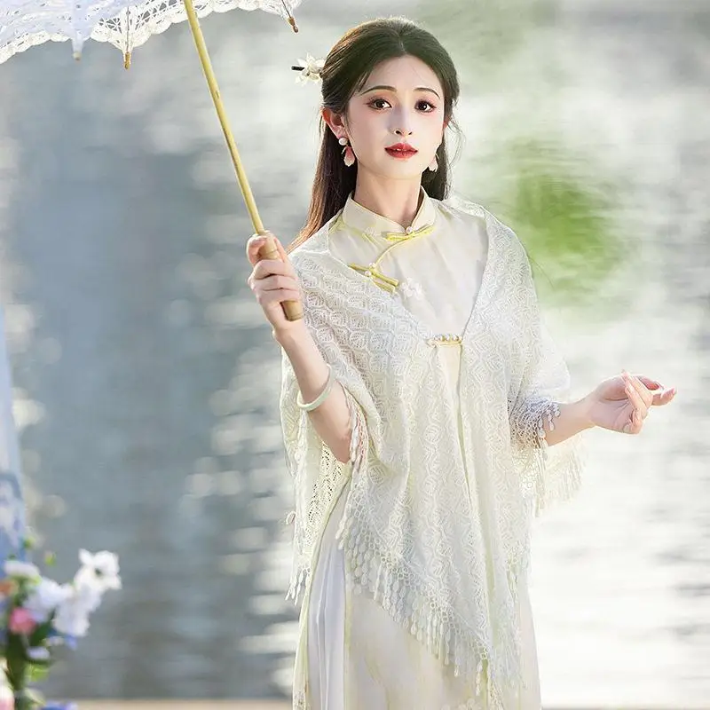 Millet White Knitted Summer Shawl Women's Outerwear Triangular Scarf Bohemian Tassel Hollow out Cardigan Artistic Thin
Millet White Knitted Summer Shawl Women's Outerwear Triangular Scarf Bohemian Tassel Hollow out Cardigan Artistic Thin