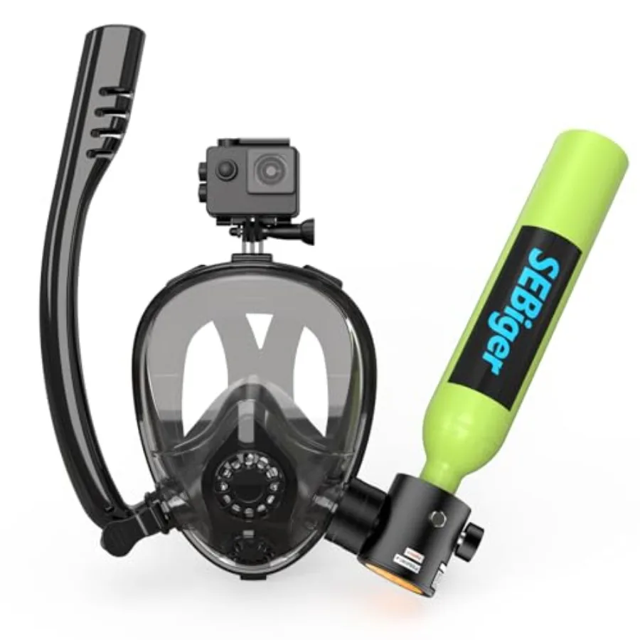 Snorkeling application, aluminum alloy, matte black, DOT-certified compact 0.5L mini scuba tank with integrated full-face snork
Snorkeling application, aluminum alloy, matte black, DOT-certified compact 0.5L mini scuba tank with integrated full-face snork