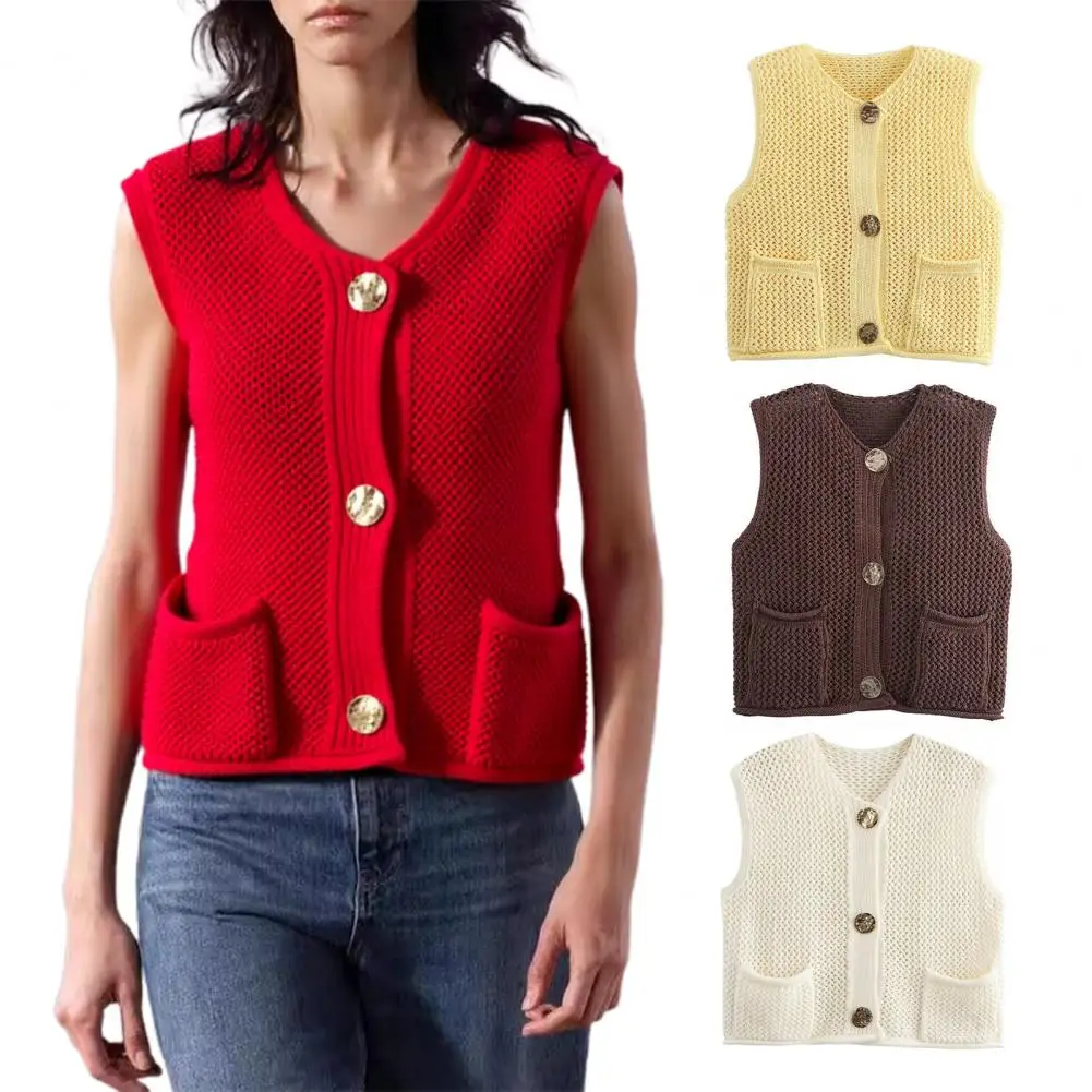 Stylish Women's V-neck Knitting Vest Single-breasted Design Pocketed Waistcoat Solid Versatile Knitwear for Everyday Use
Stylish Women's V-neck Knitting Vest Single-breasted Design Pocketed Waistcoat Solid Versatile Knitwear for Everyday Use